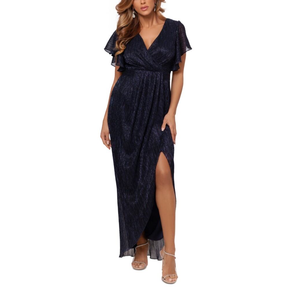 Betsy & Adam Short Sleeve Sparkly Chiffon Column Evening Gown Blue Size 6 Dress
